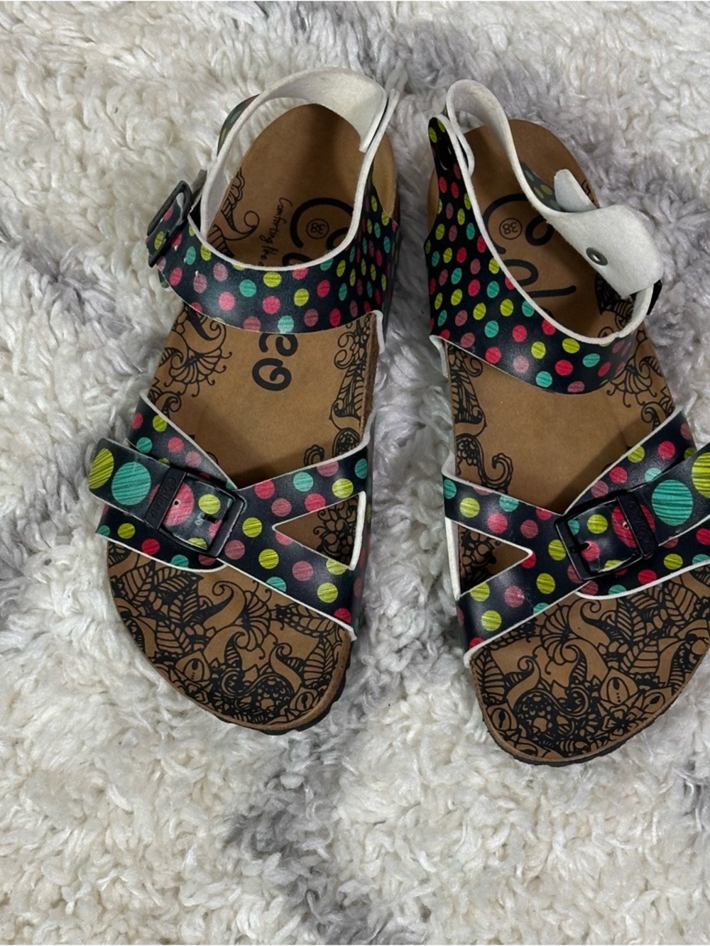 Women's Black Multicolor Polka Dot Strappy Sandals